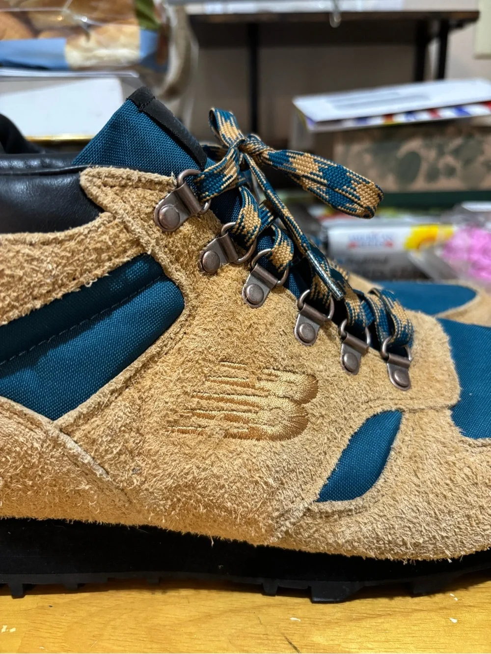 New Balance Rainier Men's Tan Suede & Teal Hiking Sneakers